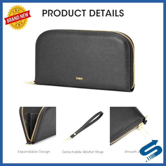 Leather RFID Wristlet Wallet with Removable Strap, Slim Clutch Card Holder